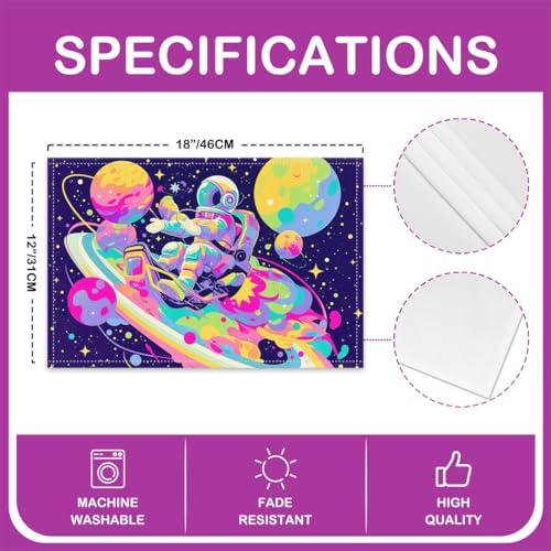 Colorful Astronaut Kids Placemats 12x18 Inch Set of 4 Rainbow Stripes Street Art Hippie Graffiti Table Mats for Boys Girls Teens Cartoon Stars Planets Kitchen Mats for Dining Table - color: Yellow Blue Pink Green