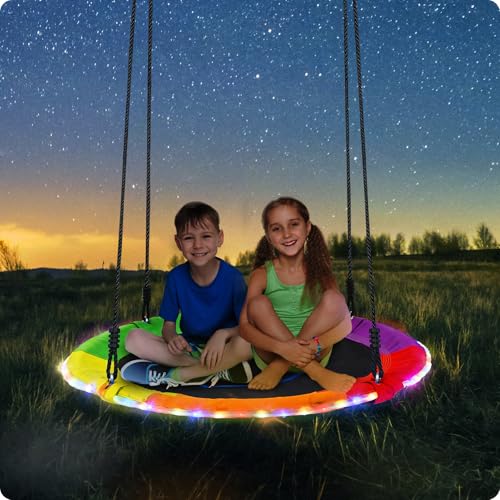 Trekassy 700lbs 40" Saucer Tree Swing for Kids Adults Outdoor with LED Lights, 2 Tree Hanging Straps-Rainbow - color: Rainbow
