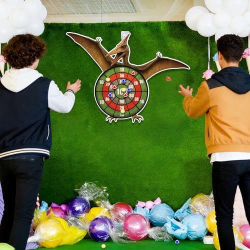 Pterosaur Dinosaur Themed Toss Game Banner with 12 Sticky Balls, 30” Large Dino Dart Board for Indoor Outdoor Games Birthday Party Supplies