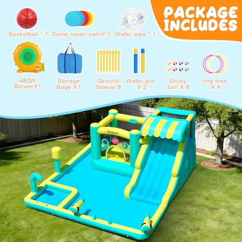 FBSPORT Inflatable Bounce House Water Slide, Widen Water Slide Park 10-in-1 Bounce House with 480W Blower, Jumping, Climbing, Splash Pool, Bouncy Castle for Kids 3-10 Backyard Party Outdoor Indoor