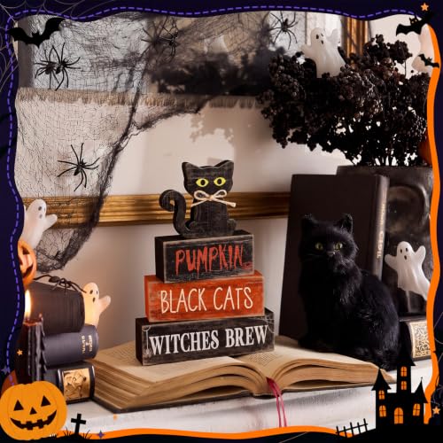 Lineshading 4 Pcs Halloween Table Decoration Black Cat Wooden Stacked Block, "Pumpkin Black Cats Witches Brew" Signs Spooky Halloween Tiered Tray Decor Rustic Gothic Centerpiece for Home Coffee Bar - style: Black Cat