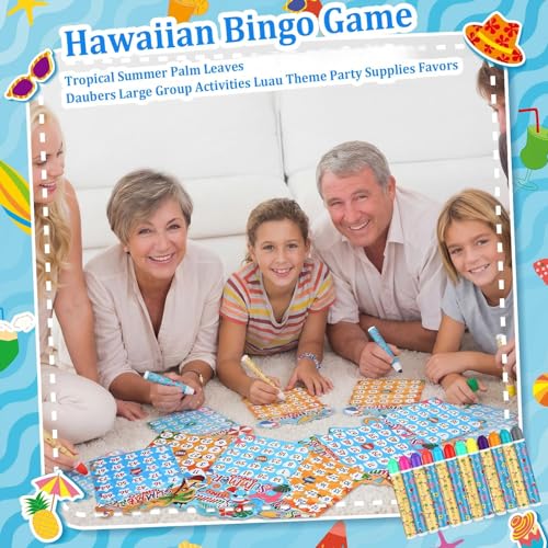 Eersida 192 Pack Summer Bingo Game Cards and 0.4 oz Dot Daubers Set Includes 144 Bingo Cards and 48 Dot Markers Summer Hawaiian Gifts Game Supplies for Beach Party Favor Family Casino Play Night - style: Summer