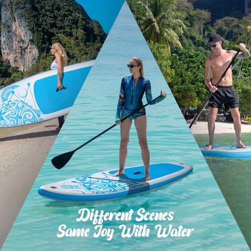 FEATH-R-LITE Inflatable Paddle Board Stand Up Paddleboards for Adults SUP with Premium Accessories Pump, Adjustable Paddle, Leash, Three Fins, Backpack - style: Light Blue