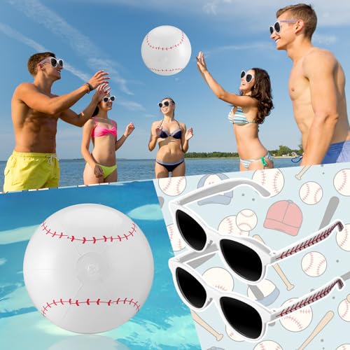 48 Pcs Inflatable Baseball Beach Balls with Glasses Sport Party Favors 12 Inch Themed Inflatable Ball Birthday Decorations Team Gift Summer Pool Party Supplies for Goodie Bag - style: Baseball