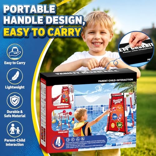 3 in 1 Pool Basketball Hoop & Ring Toss Game for Kids 4-8 8-12 - Floating Pool Toys Set with 4 Basketballs, 12 Rings, 2 Target Boards, 12 Bean Bags, Pump - Backyard Swimming Pool Summer Birthday Gift - color: red