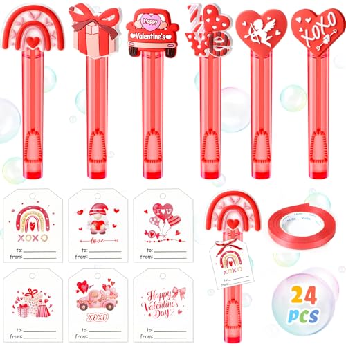 Winrayk Valentines Party Favors for Kids Mini Bubble Wands Bulk with Card, 24 Pack Mini Bubbles (Original Design, 6 Style), Birthday Goodie Bag Stuffer Exchange Valentines Day Gifts for Kids Classroom - style: Valentines