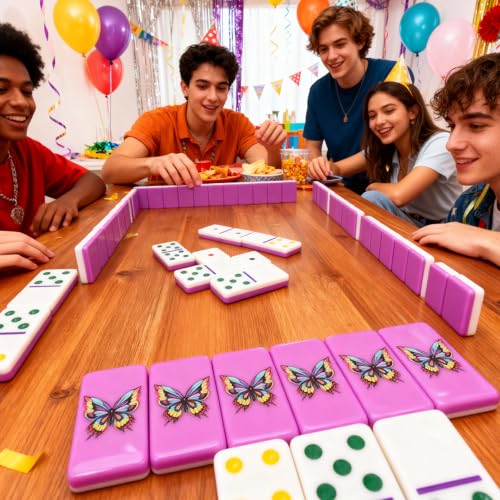 IDTQ Purple Butterfly Dominoes Set - Elegant Double 6 Dominoes with 28 Tiles, Delicate Butterfly Print - Artistic Board Game for Adults & Nature Lovers - color: Purple