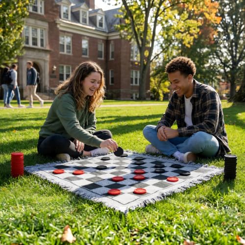 Yarlung Giant Checkers Set Tic Tac Toe Game with Reversible Rug, 3 in 1 Jumbo Checkers Game Board for Family Camping, Yard, Lawn Games, 2 Players