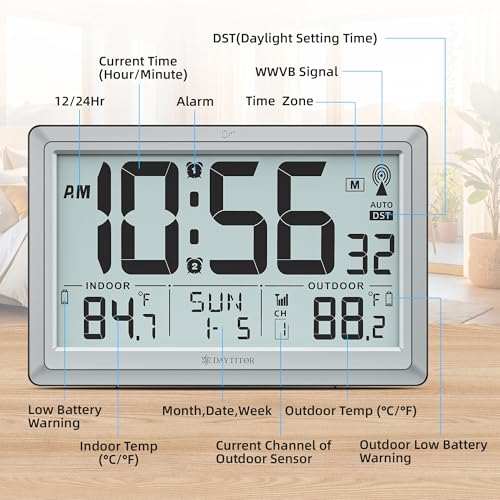 Atomic Clock Wall with Indoor/Outdoor Temp, Battery Operated Digital Wall Clock with 10.5" Large LCD Display, 330ft Range Desk Table Clock with Alarm, DST, Calendar for Living Room, Silver-gray - color: Silver-gray