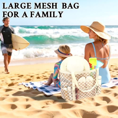 GYEUKHAM Mesh Beach Bag for Women, Sand-Resistant Pool Tote, 9 Pockets (1 Inner Zip), Foldable Family Travel Essentials - color: L-checkered Khaki