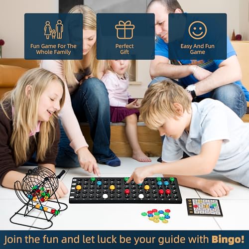 Doublefan Bingo Deluxe Game Set for Adults and Kids - Includes 8 Inch Wheel Cage, 75 Balls, Master Board, 50 Cards and Colorful Chips - Fun Family Game Night