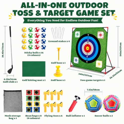 Golf Chipping Game, Battle Game for Kids & Adults, Giant 54”x54” Golf Target Mat with 16 Sticky Balls, 8 Bean Bag, 6 Axe & 2 Soccer, Perfect for Family Fun, Lawn, Poolside, Backyard Party