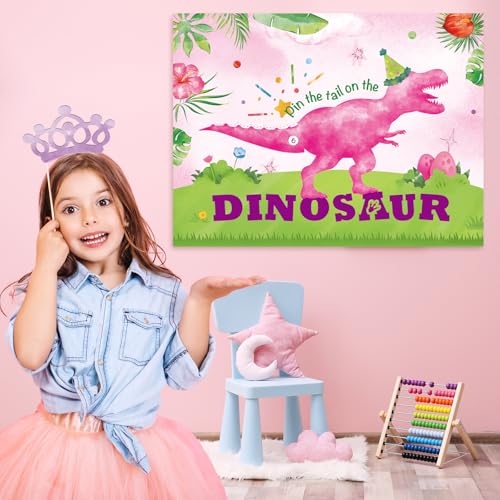 WERNNSAI Pin The Tail on The Dinosaur - Girl Dinosaur Party Decorations Pink Dino Party Games for Birthday Celebration Supplies 21" x 28" Poster with 24 PCS Tails Stickers - style: Dinosaur F 002