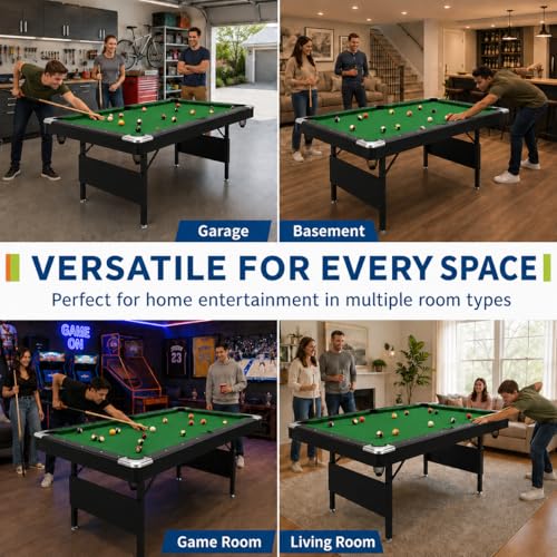 63.8 Inch Foldable Pool Table, No Assembly, Steel Folding Legs, 4-Point Leveling Feet, Complete Set — 16 Balls, Triangle, Chalk, Felt Brush - color: Green Felt+Black Frame