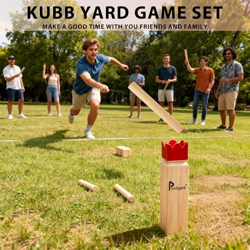 Kubb Yard Game Set Viking Chess Outdoor Hevea Hardwood Toss Game for Adults & Families - with 10 Blocks, 6 Batons, Carrying Bag | Perfect for Backyard Lawn Beach Party BBQ Camping - color: Red