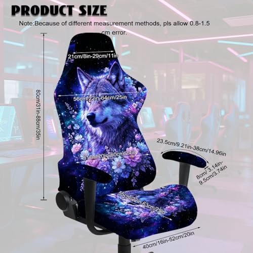 4 Piece Gaming Chair Cover with Armrest Covers Wolf Floral Printed Non-Slip Computer & Gaming Chair Slipcover Easy to Install Universal Fit Office Desk & Racing Computer Gamer Chairs - color: Black and Blue - Wolf Floral