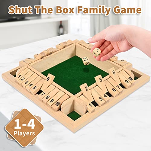 1-4 Players Shut The Box Dice Game, 10 Numbers Traditional Wooden Pub Bar Board Family Table Mat Game Dice for Adults - color: Wood, size: 8.7in