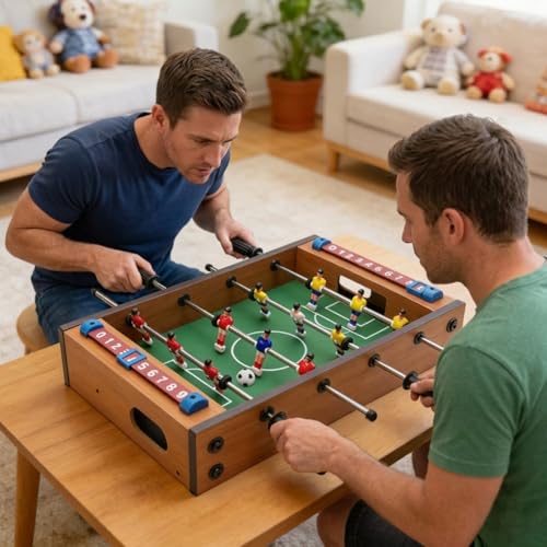 Table Football, 13.5'' Mini Foosball Table Soccer Tabletop Football w/ 2 Footballs and Soccer Keepers, Wooden Tabletop Foosball Game Accessories for Family Play Indoor & Outdoor