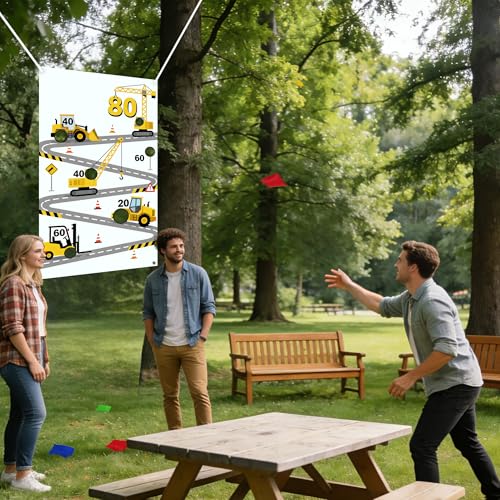 Construction Birthday Party Supplies Bean Bag Toss Game for Adults, Washable Heavy Duty Outdoor Indoor Excavator Throwing Theme Party Game Banner with 3 Bean Bags and 19.6ft String.