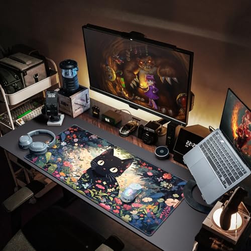 Canjoy Cute Black Cats Anime Mouse pad, 31.5x15.7inch Kawaii Computer Keyboard Mat Extended Large Gaming Mouse Pad with Non-Slip Rubber Base - color: Black Cat