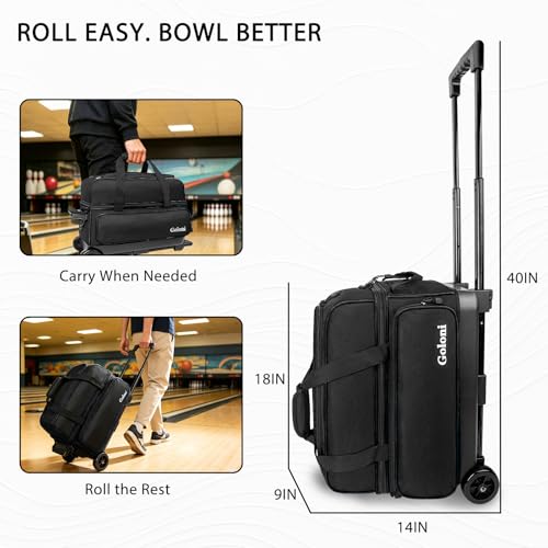 Goloni Double Roller 2 Ball Bowling Bag with Separate Shoe Compartment,2 Ball Bowling Bag with Wheels,Retractable Handle Extends to 40" - color: Black