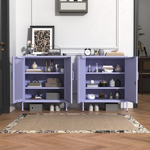 Accent Cabinet Locker, Lockable Storage Cabinet with Mesh & Metal Doors, 3-Tier Heavy Duty Steel Cabinet with 2 Adjustable Shelves, for Living Room, Home Office Purple 33"H x 29.5"W x 13.8"D - color: Lilac, style: Cabinet-33"H-SW