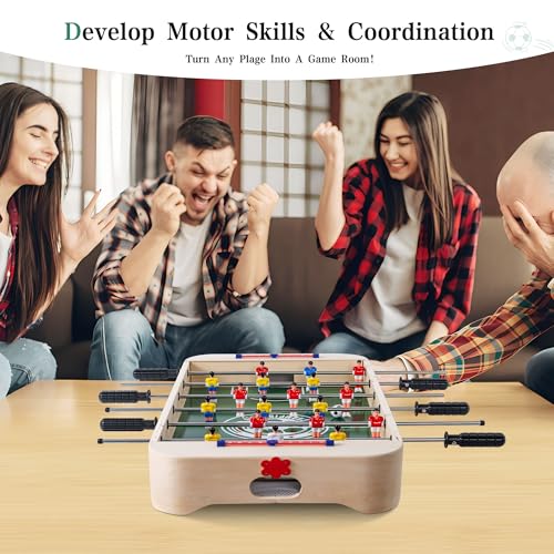 28 Inch Tabletop Foosball Table, Portable Wooden Soccer Game Set with Non-Slip Base, Ergonomic Handles for Kids and Adults, Indoor Family Game Night & Birthday Gift