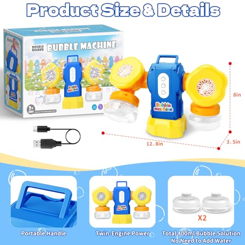 Dual-Engine Bubble Machine with LED Lights & Automatic 360° Rotation & 90° Adjustable, Type-C Rechargeable Bubble Blower Maker for Kids Birthday Parties Weddings Outdoor Activities