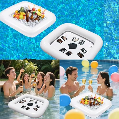 2 PCS Floating Pool Game Table with Waterproof Playing Cards for Summer Pool Party,Inflatable Ice Drink Cooler Serving Tray Bar for Pool Beach Outdoor Picnic Birthday Party Supplies