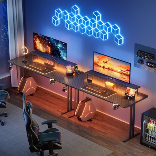 HLDIRECT 47 Inch Gaming Desk with LED Lights & Cable Management, Black | Ergonomic carbon fiber gaming computer desk with 5 sockets, monitor stand, cup holder, headphone hook & mouse pad for gamers - size: 47INCH