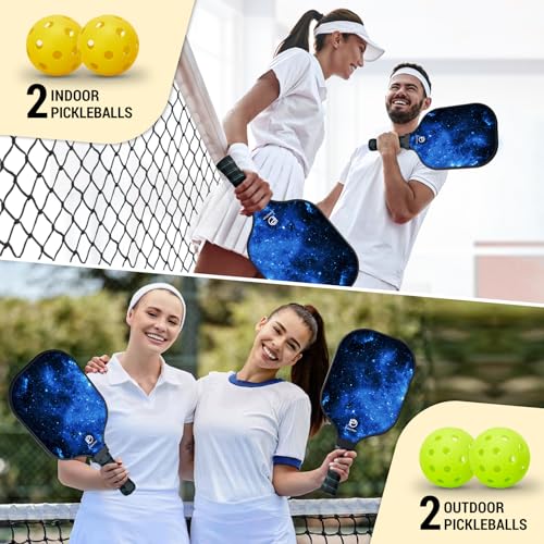 Dulce DOM Pickleball Paddles Set of 2/4 - USAPA Approved, 4 Indoor Outdoor Pickleball Balls, Fiberglass Surface Paddle Racket with Cover Bag, Ideal Training Equipment Gift for Men & Women - color: Blue*2