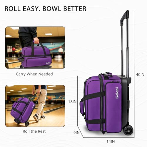 Goloni Double Roller 2 Ball Bowling Bag with Separate Shoe Compartment,2 Ball Bowling Bag with Wheels,Retractable Handle Extends to 40" - color: Purple
