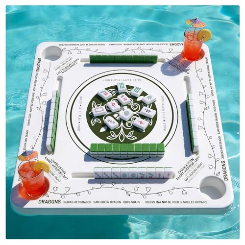 Floating Mahjong Table for Pool with 4 Cup Holders, 31.5" Pool Mahjong Set, Double-Sided Game Table for Hot Tub, Beach Party, Includes 4 Shuffle Cards - color: Green Printed F