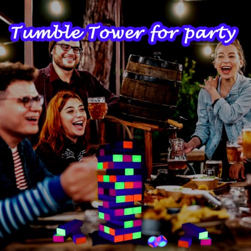Ahuimeius 54 Piece Glow Tumble Tower Board Games, Glow in the Blacklight Tumble Tower, Indoor/Outdoor Board Game for Adults for Family Game Night