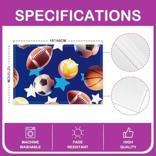 Erosebridal Ball Games Placemats Set of 4 12x18 Stars Sports Place Mat for Boys Men Soccer Baseball Basketball Volleyball Blue Heat Resisting Table Mats - color: Blue