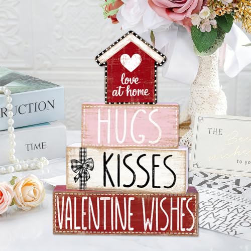DIYDEC 4Pcs Valentine's Day Table Decoration Valentine House Wooden Block Signs Rustic Valentine Tiered Tray Decor Valentines Day Centerpiece Sign for Farmhouse Holiday Tabletop Home Party Decor - style: Valentine House