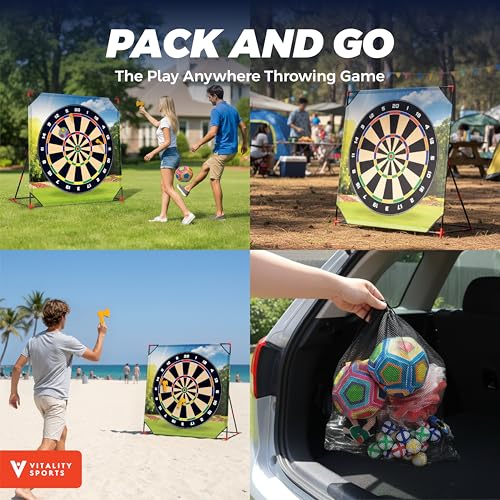 Vitality Sports 4-in-1 Sport Game with Stand - Golf Target Battle Games with Putting Mat, 12 Sticky Balls, 6 Axes, 2 Soccer Balls, 8 Bean Bags, Axe Throwing Game for Backyard