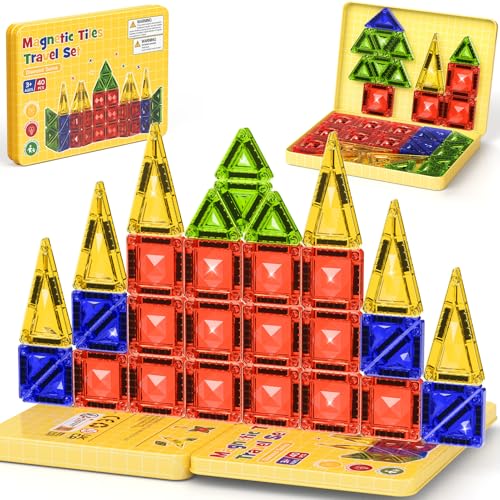 Mini Magnetic Tiles Travel Set - 40PCS Diamond Texture Magnetic Building Blocks for Kids, 10% Thicker & Portable Yellow Metal Storage Box, Montessori STEM Educational Toys Gift for Ages 3+ - size: 40 PCS