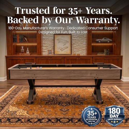 Hathaway Excalibur 9-Ft Shuffleboard Table for Great for Family Recreation Game Rooms, Designed with a Rustic Driftwood Finish with Built-In Leg Levelers, Includes 8 Pucks, Table Brush and Wax