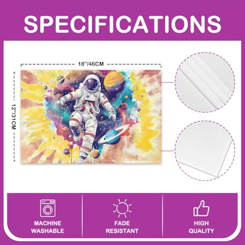 Cartoon Astronaut Place Mats 12x18 Inch Set of 4 Yellow Red Tie Dye Spiral Swirls Table Mats for Kids Boys Teens Adults Cosmic Outerspace Galaxy Colorful Planets Kitchen Mats for Dining Table - color: Yellow Red Blue Gray