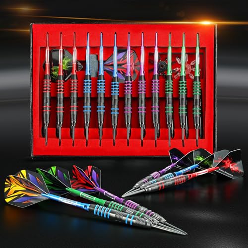 WINSDART Darts Metal Tip Set Professional Metal Darts for Dartboard Steel Tip Darts with Nonslip Iron Barrel Aluminum Dart Shafts,Extra Flights,Dart Sharpener,Gift Box - style: Colorful Engraved Darts Set