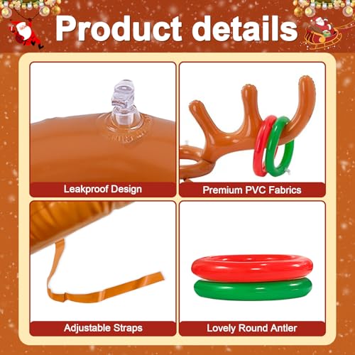 4 Pack Inflatable Reindeer Antler Ring Toss Game, Reindeer Ring Toss Game for Christmas Party, Family, Christmas Decoration, Xmas Fun Amusements (4 Antlers 16 Rings 1 Pump)