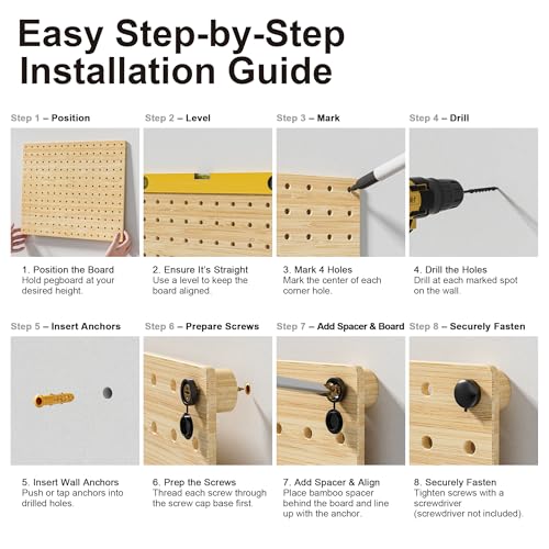 VOIMO Bamboo Peg Board, Eco-Friendly Pegboard Organizer Set with 35 Hooks – Wall Mounted Storage Rack for Kitchen, Tools, Crafts, Garage & Office – Pegboards System for Home Organization - size: 16'' X 12'' (4 Panels)