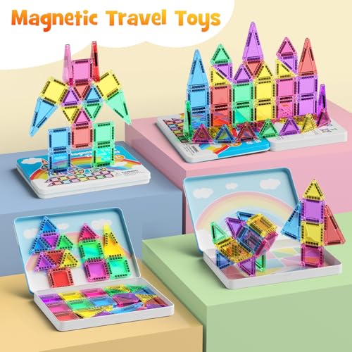 40 Pieces Magnetic Tiles for Kids Ages 4-8, Travel Magnetic Building Blocks Set with Iron Box, STEM Outdoor Kids Toys Gift for Boys & Girls 3+ Year Old, Pocket-Sized Classroom Must Haves - style: 40PCS Rainbow