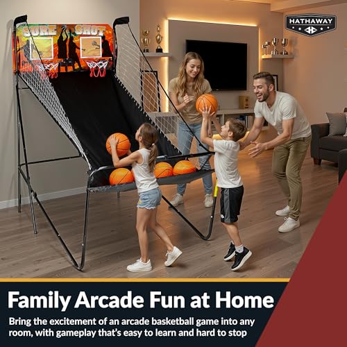 Hathaway Sure Shot 81-in Dual Basketball Arcade Game for Game Room - with LED Scoring, Foldable Indoor Basketball Game Design, Steel Frame, 8 Game Modes, Pump & Dual Hoops - Orange/Black Finish