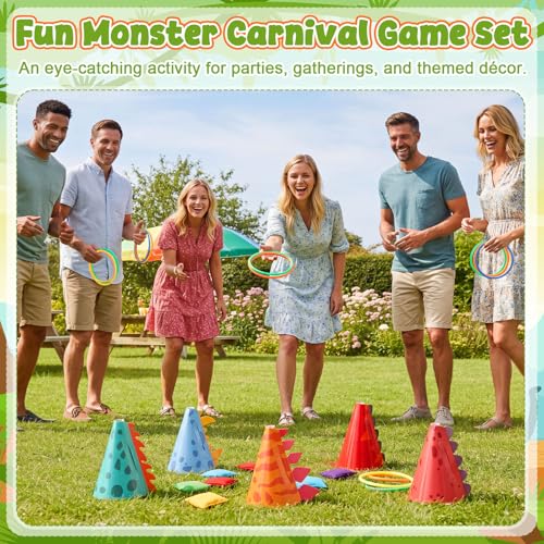 RoundFunny 12set 3 in 1 Ring Toss Game Set, Carnival Game Kit with Cones, Rings, Bean Bags & Storage Bag, Includes 12 Dinosaur Card Sets for DIY Toss Games, Birthday Party, Easter, Carnival - style: Dinosaur