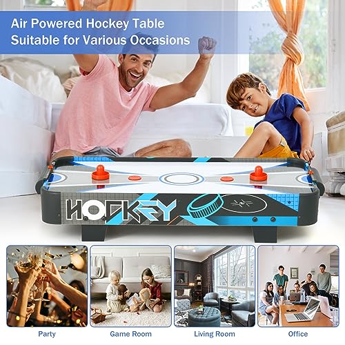 Table Top Air Hockey Table for Kids, 32” Mini Tabletop Air Hockey Game w/Electric Motor Fan, 2 Pushers and 2 Air Hockey Pucks, Great for Playing on The Floor, Tabletop (Blue & Gray)