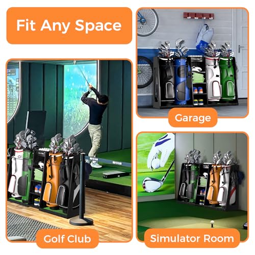 SuniBoxi Golf Organizer for Garage, XL Wooden Golf Bag Storage Rack for 4 Bags, Clubs, Balls & Equipment, Heavy-Duty Golf Bag Holder, Ideal Gift for Golfers, Dad, Husband(4 Bags,Dark Black) - size: 4 Bags