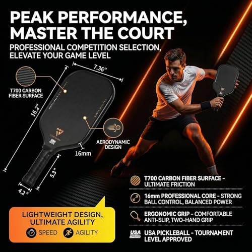 T700 Carbon Fiber Pickleball Paddle, Pickleball Set 16mm Pickle Ball Rackets with CMS Matte Surface Lightweight Honeycomb Core & Durable Edge Frame Larger Sweet Spot - color: PRO -1 Racket