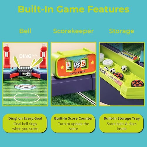 Soccer Board Game — 2 in 1 Foosball & Sling Puck Game Set with Dual Control Handles, Scorekeeper and Goal Bell, Soccer Toys for Kids Ages 3+